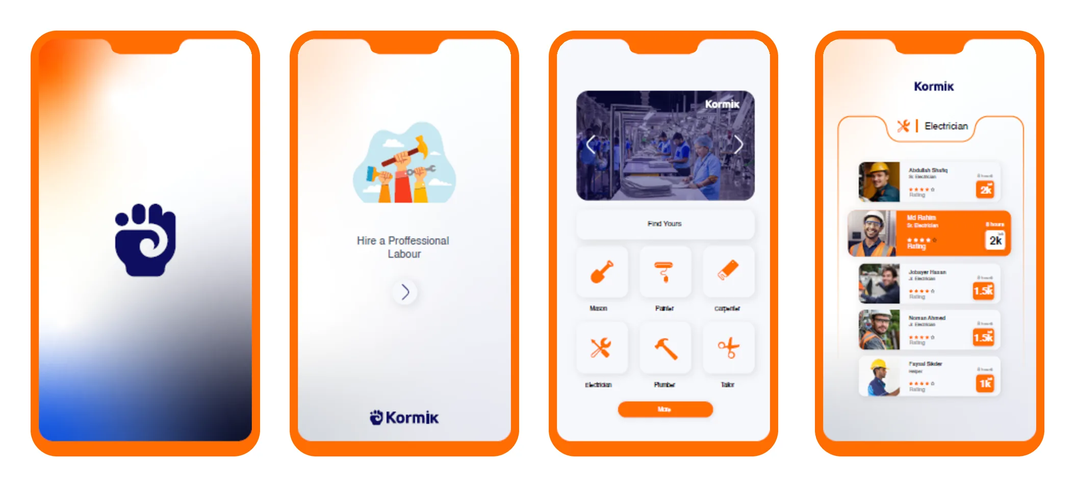 Four concept app screens: opening screen, hire a professional, choose a trade, a crew list